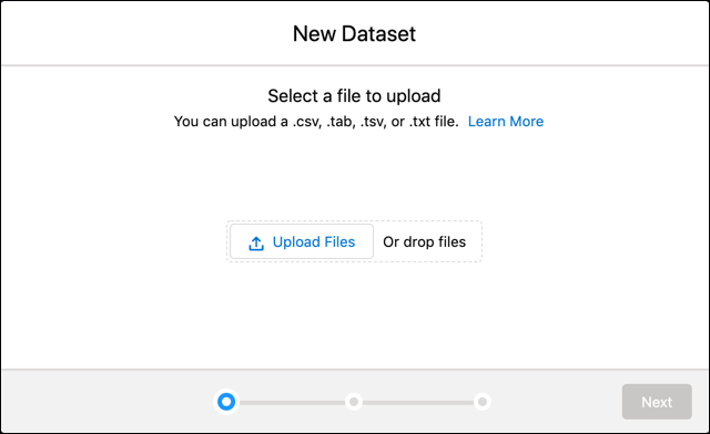 The New Dataset page allows you to upload a CSV file.