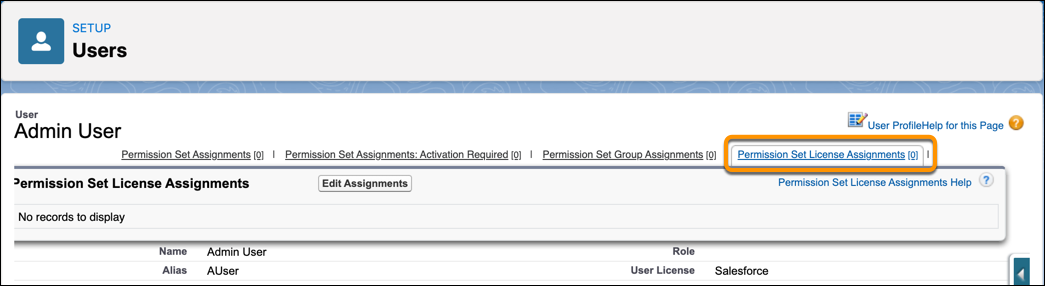 The Permission Set License Assignments tab shows all no licenses assigned to the user.