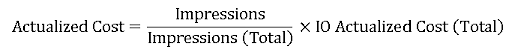 ratio impressions over total impressions times total io actualized cost