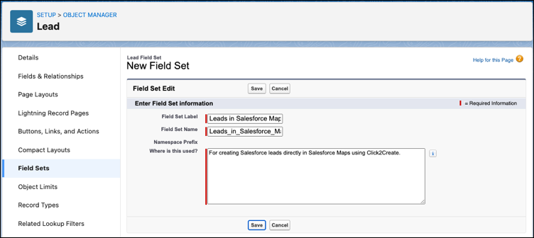 Navn og beskrivelse for det feltsæt, du bruger med Click2Create i Salesforce Maps