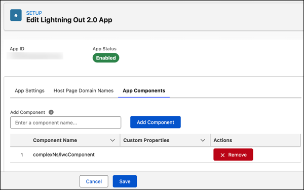 complexNs/lwcComponent component added to a Lightning Out 2.0 App by using the Lightning Out 2.0 App Manager