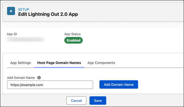 https://example.com domain added to a Lightning Out 2.0 app by using the Lightning Out 2.0 App Manager