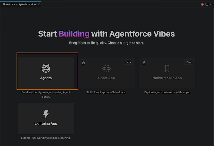 Agentforce Vibes welcome page with the Agents button highlighted.