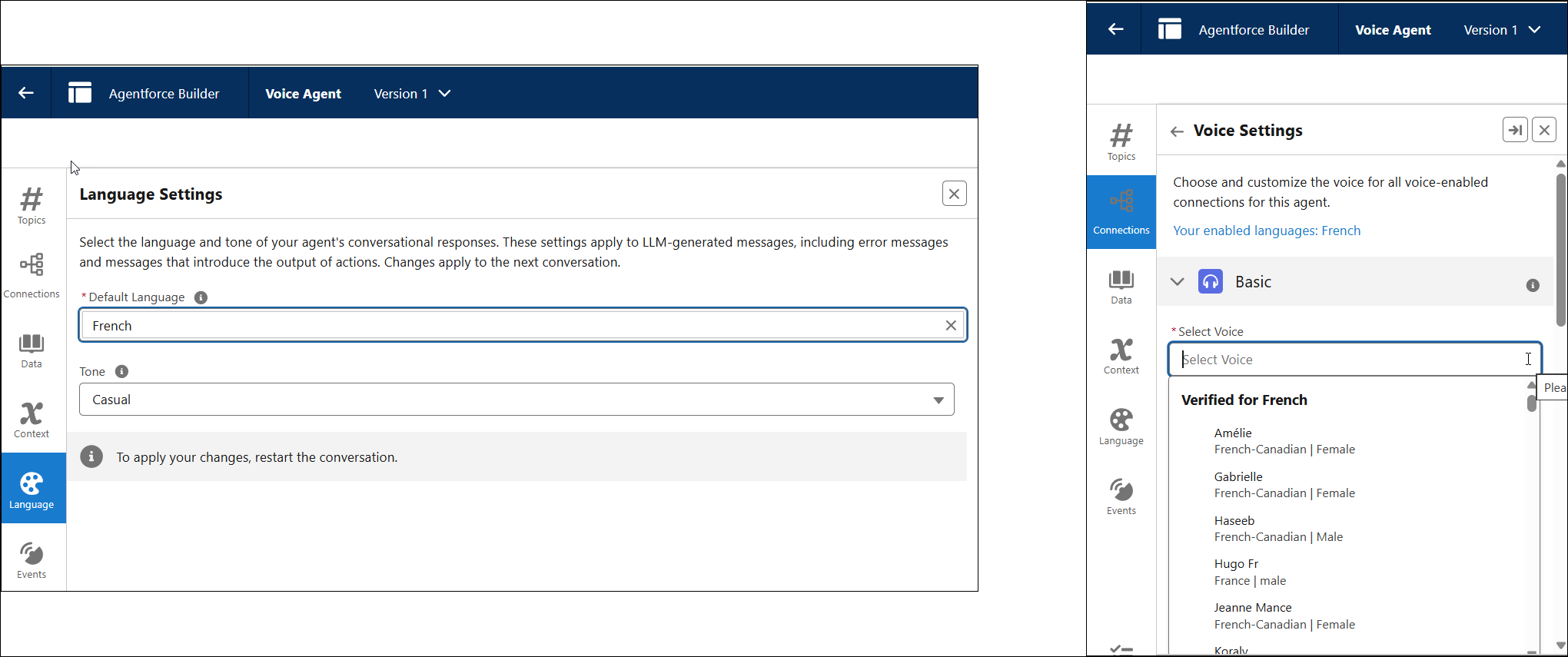 screenshots of language settings node and the voice settings in the telephony connections node.