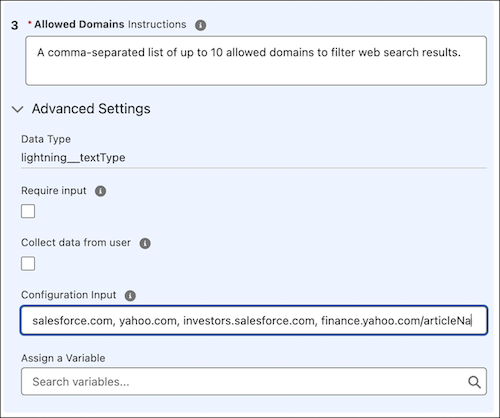 Configuration Input field in Allowed Domains showing example entries, including salesforce.com, yahoo.com, investors.salesforce.com, and finance.yahoo.com/articleName.