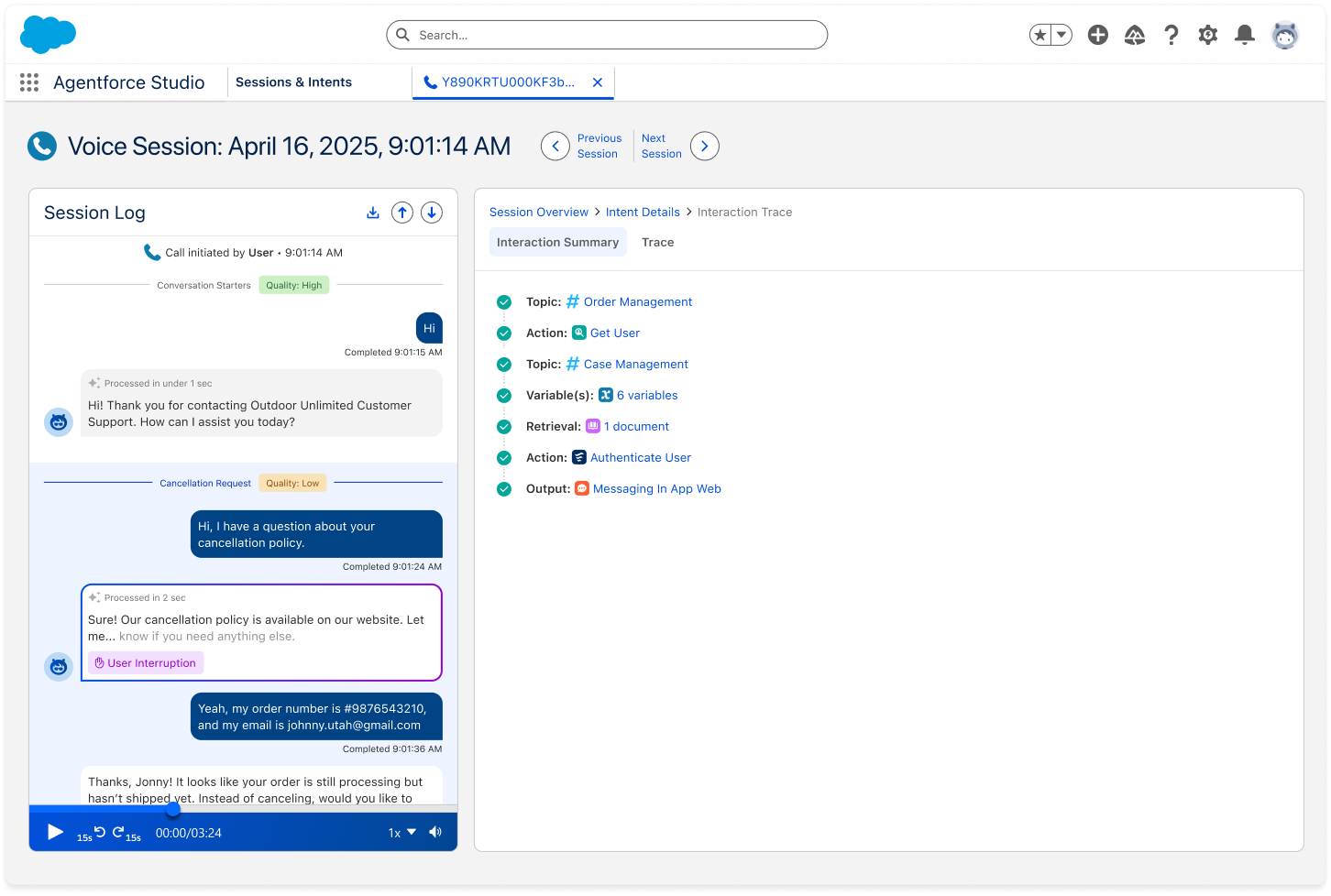 Sessions and Intents page showing breadcrumb navigation and interaction-level drill-down view