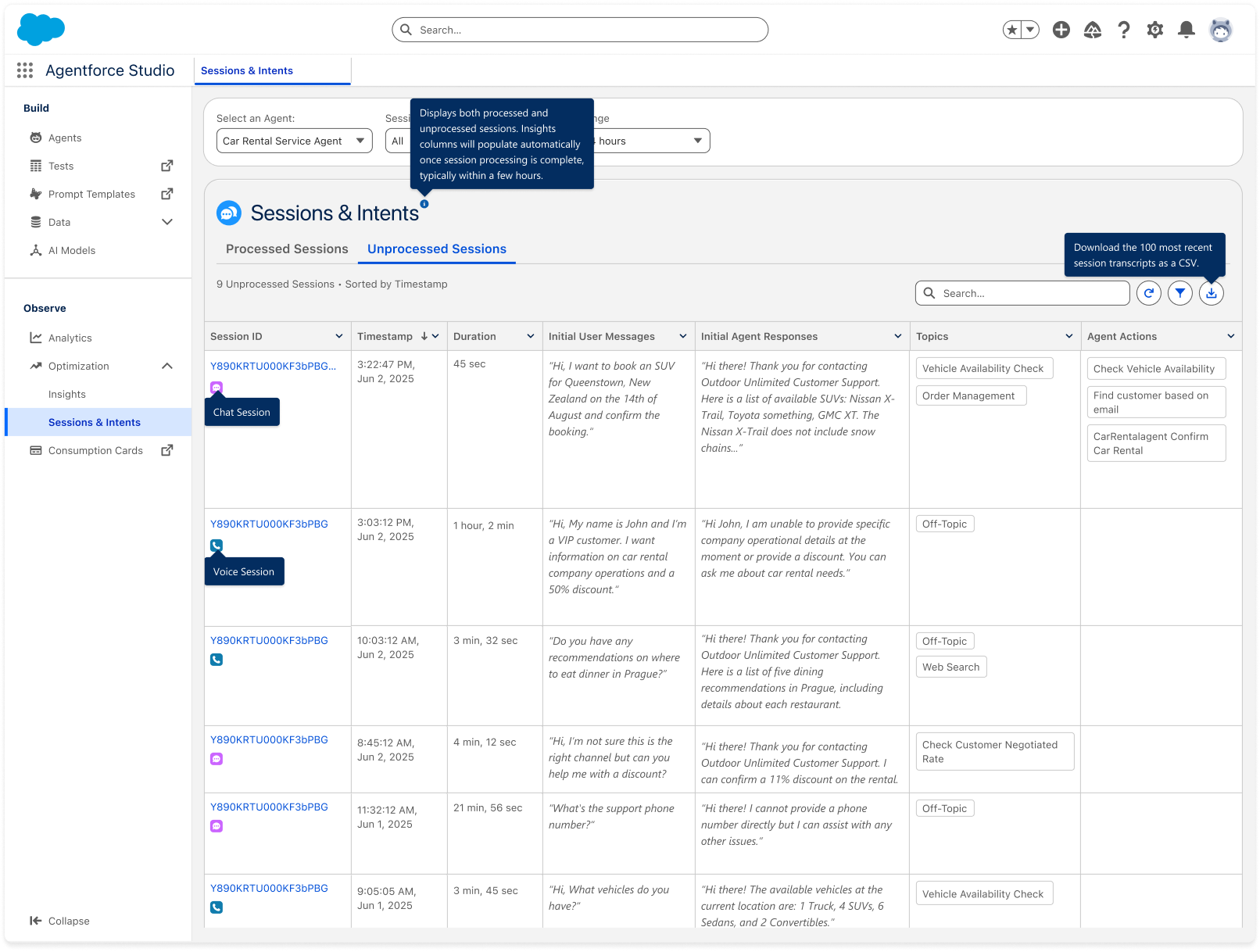Sessions and Intents page showing Processed Sessions and Unprocessed Sessions tabs