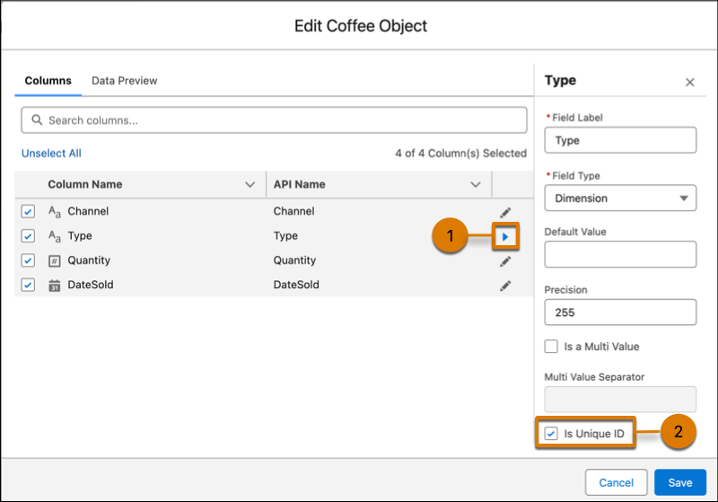 The Is Unique ID checkbox for an external object field
