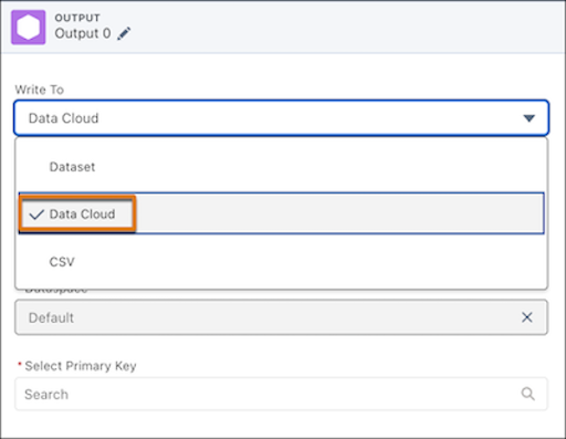 The Data Cloud option for a recipe output note.