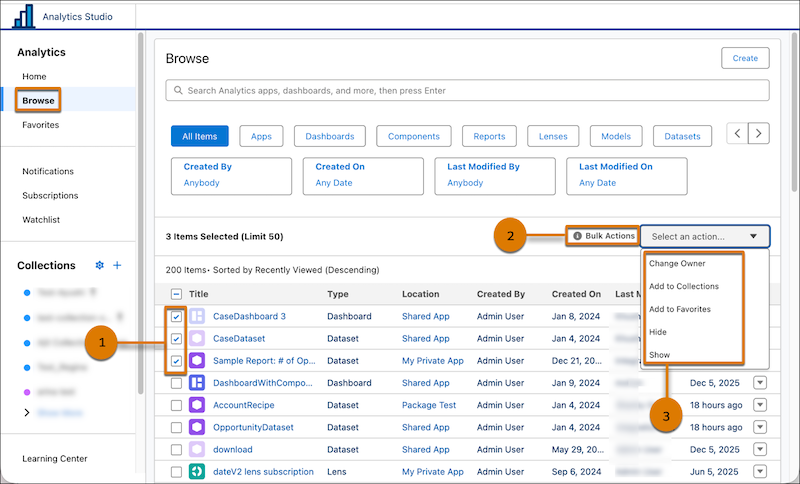 Selecting bulk actions for assets