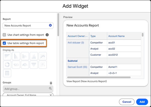 Selecting import report table settings