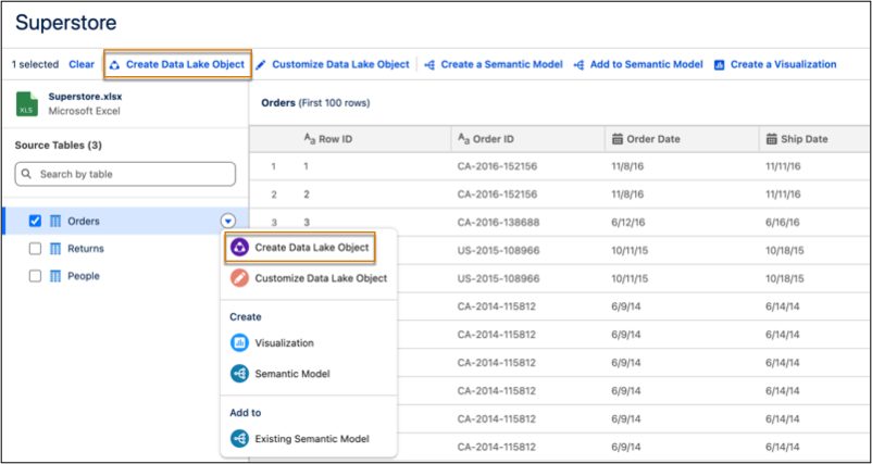 Creating a data lake object for an Excel table.