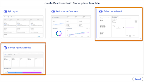 The Sales Insights and Service Agent Analytics templates in the Tableau Next Marketplace.