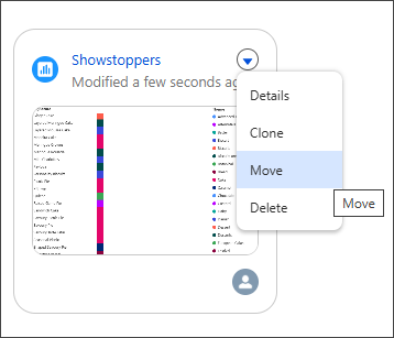 Action menu listing details, clone, move, delete. Move is selected.