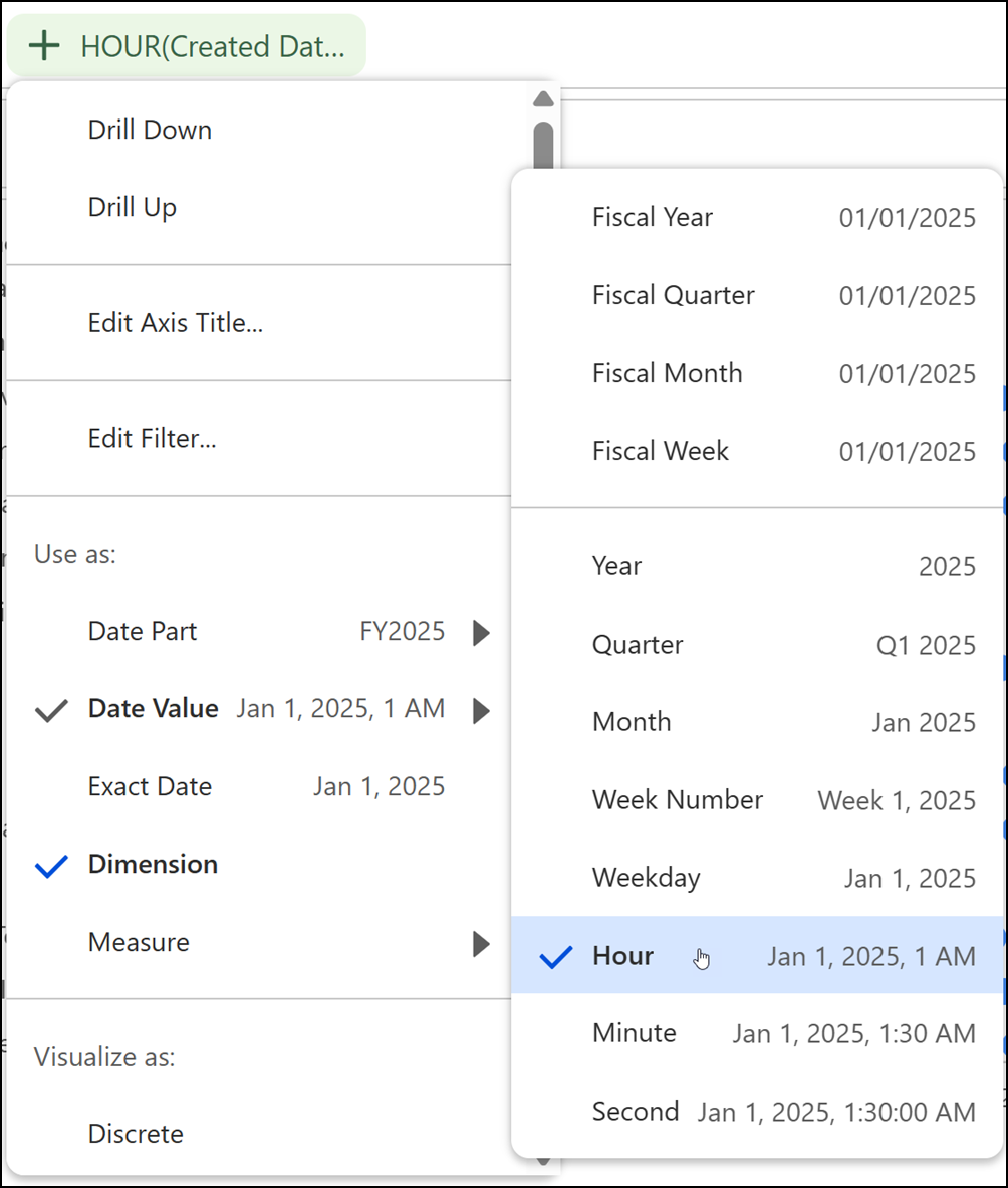 Time field’s context menu in Tableau Next visualization