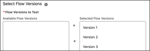 The New Test window that shows the Select Flow Versions section in Flow Builder