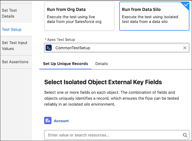 Test Setup and Apex Test Setup option when creating a flow test