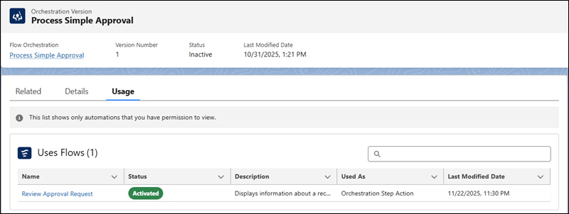 A screenshot that shows an example the flow that a flow approval process version uses
