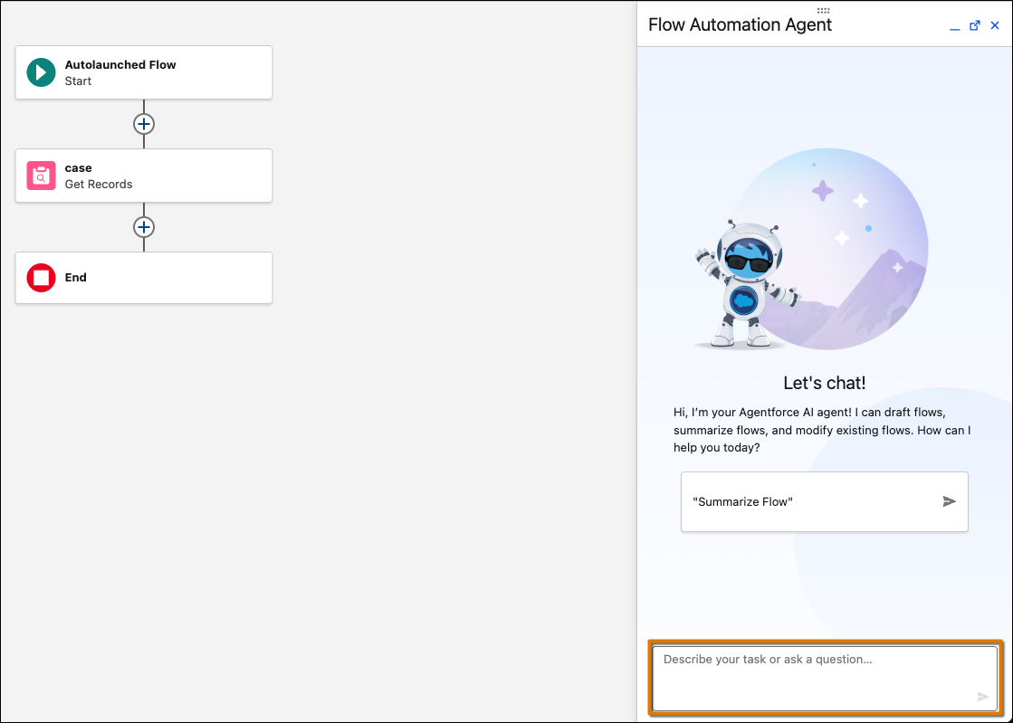 The Agentforce panel in Flow Builder showing conversational prompts to modify a flow