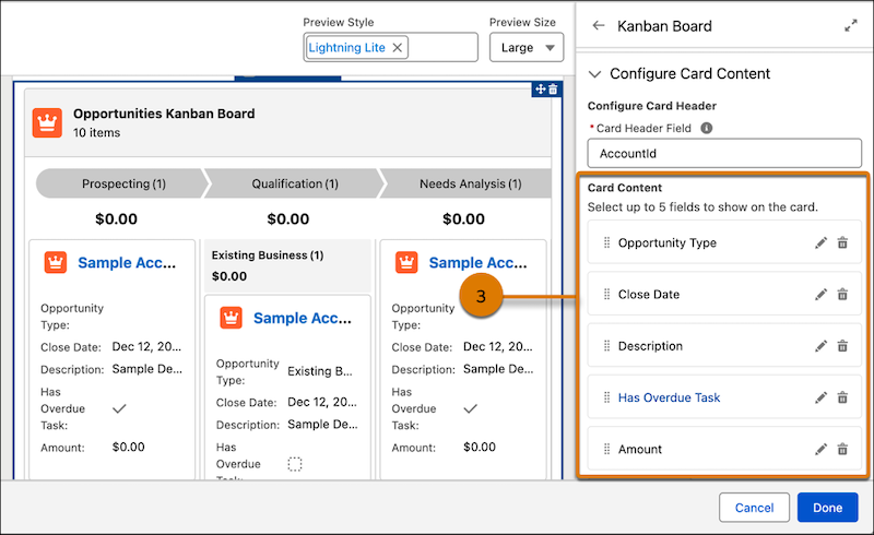 The Kanban Board design time configuration with Opportunity Type, Closed Date, Description, Has Overdue Task, and Amount fields selected for the card content.