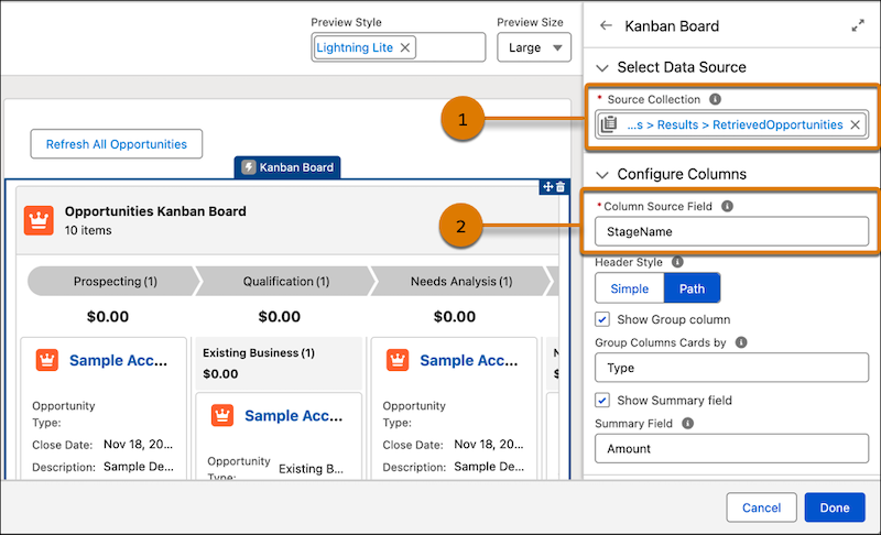 The Kanban Board design time configuration with the Source Collection Field and Column Source Fields selected.