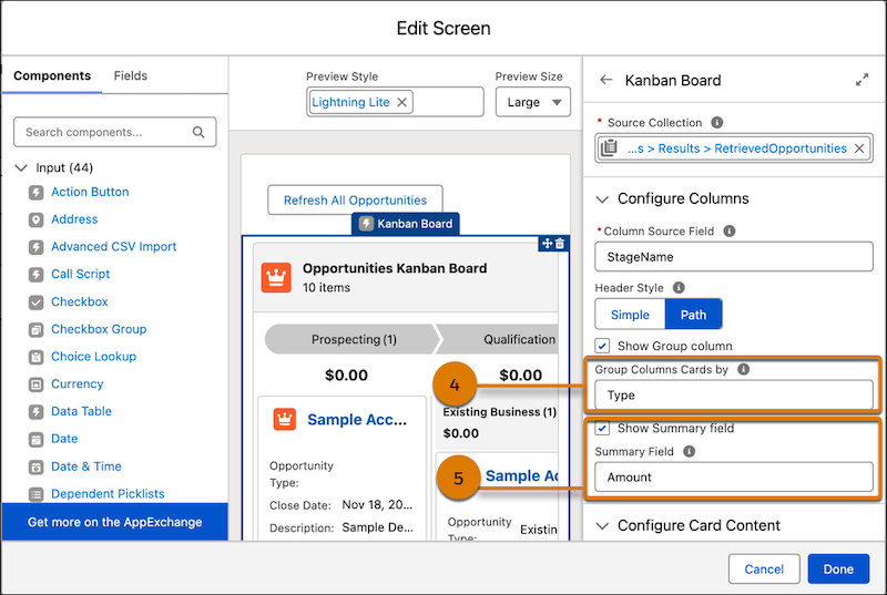 The Kanban Board design time configuration with the Type field selected for Group Column Cards by field. The Show Summary field is selected.