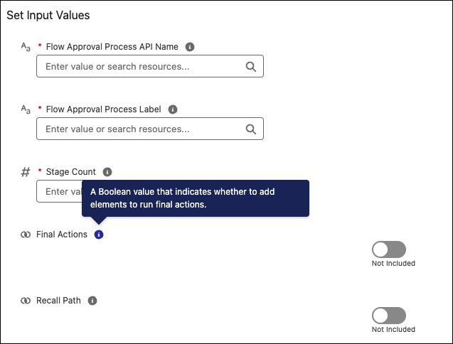 Set Input Values configuration of an action with infobubble of Final Actions highlighted