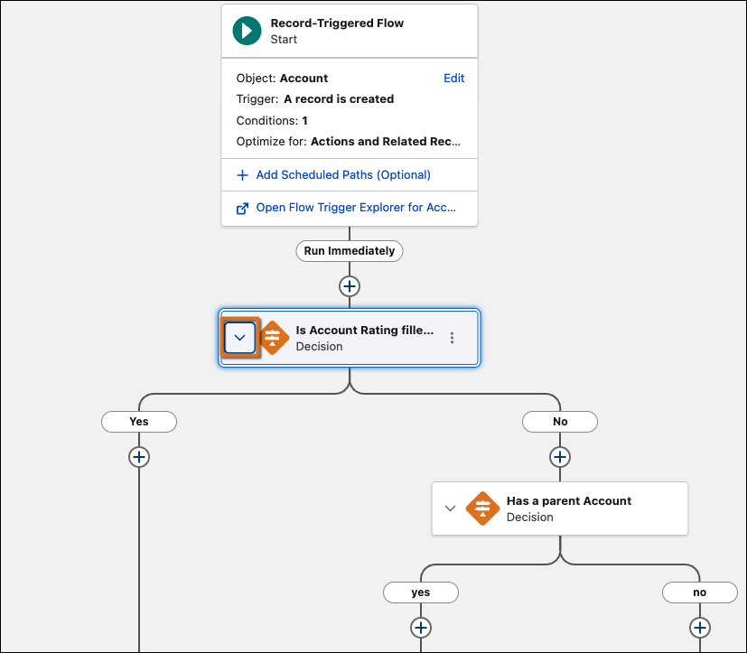 Flow Builder canvas showing the Collapse icon next to an element with branching paths
