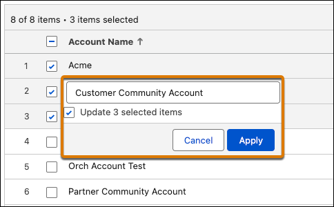 Data Table inline edit window with the Update 3 selected items option selected to apply changes