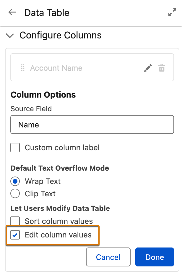 Account Name field configuration in Configure Columns of the Data Table
