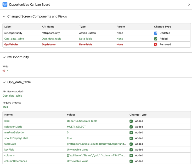 Screen component version comparison changes view details page