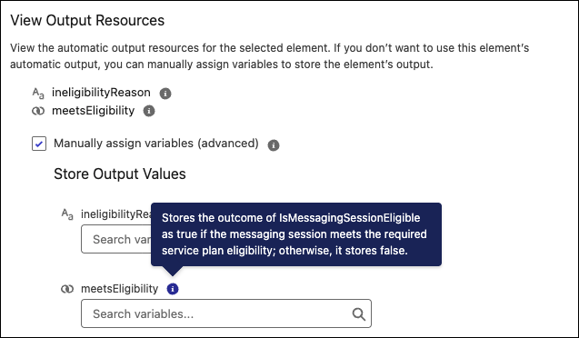 Subflow element configuration page with infobubble of an output parameter highlighted