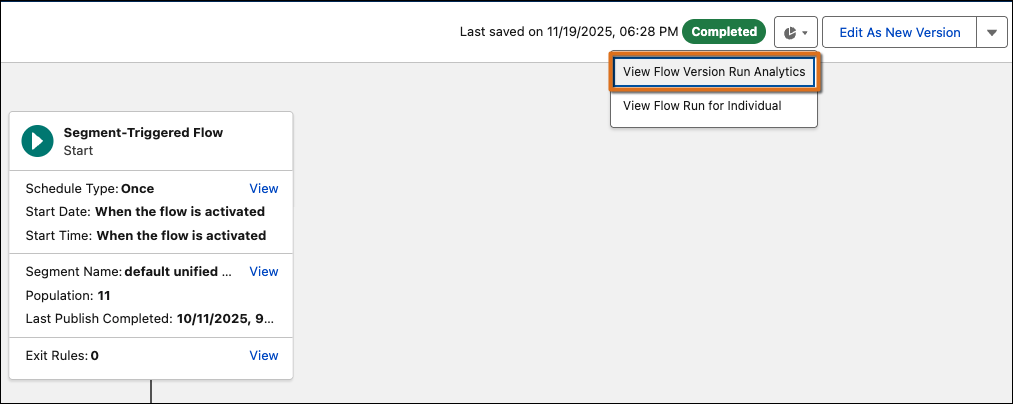 The View Flow Version Run Analytics button in the Flow Builder canvas