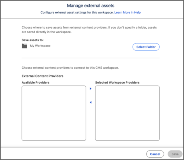 Manage external assets window