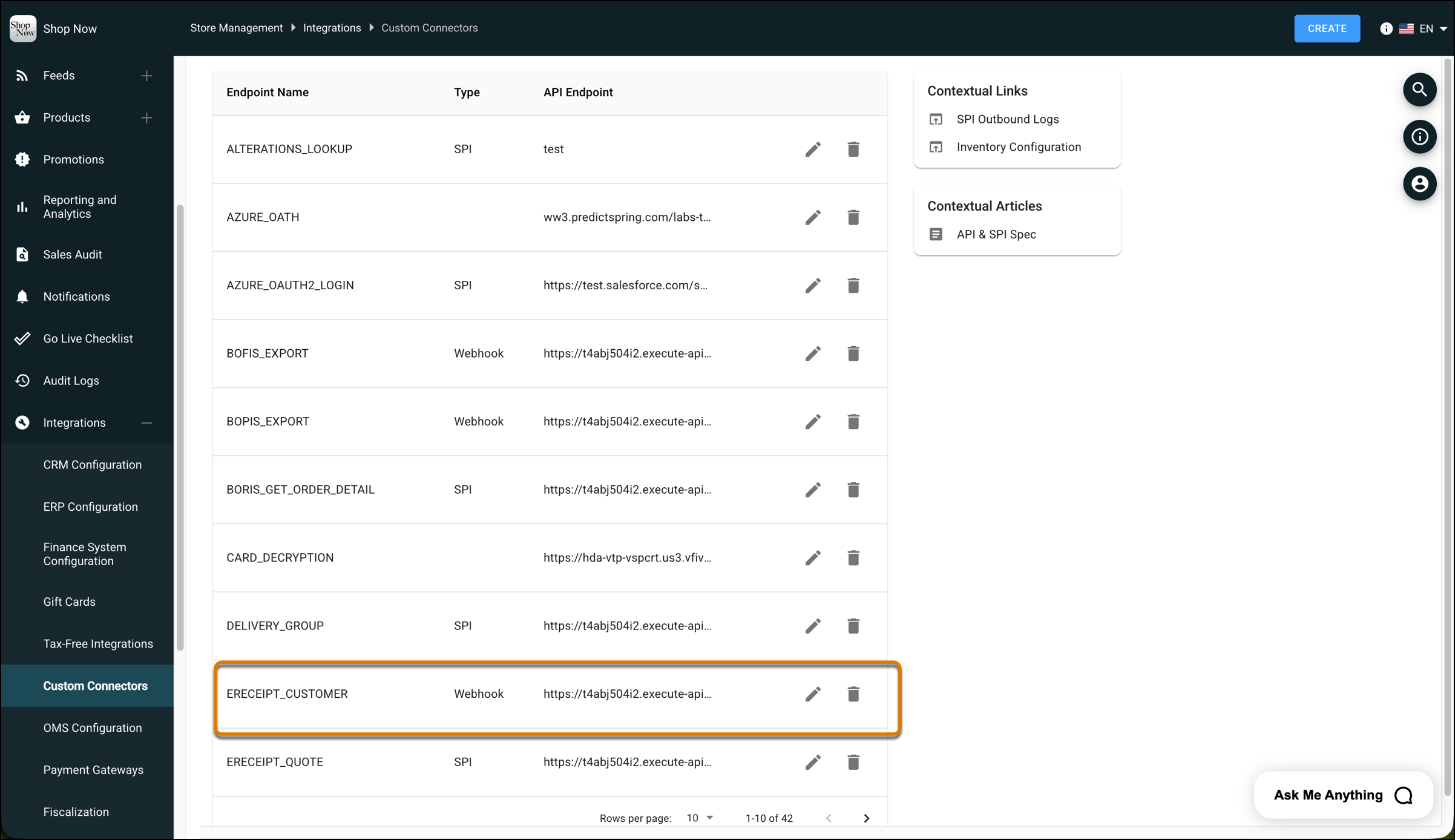 Custom connectors page in CMS.