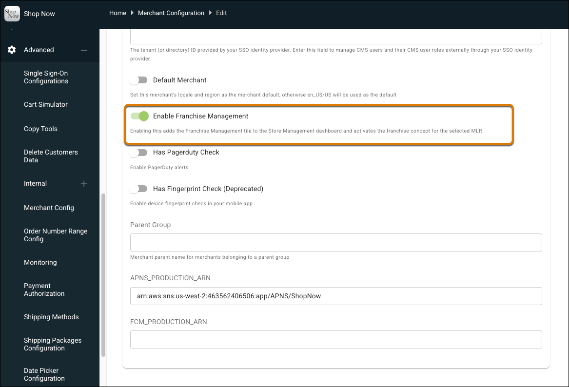 Merchant Configuration page in CMS