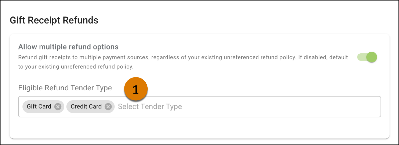 Enable Allow multiple refund options in Point of Sale CMS.