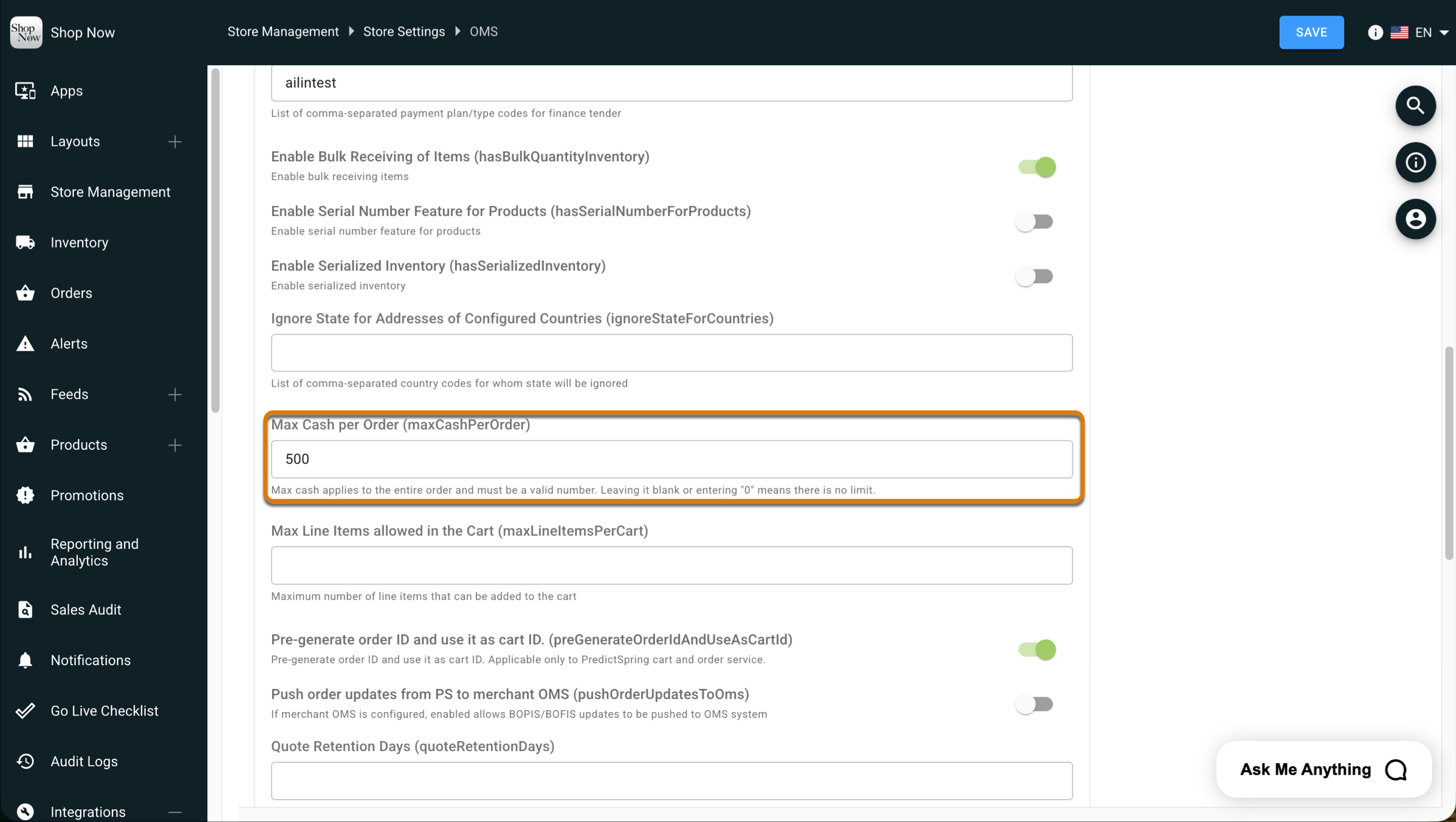Max cash cms setting.