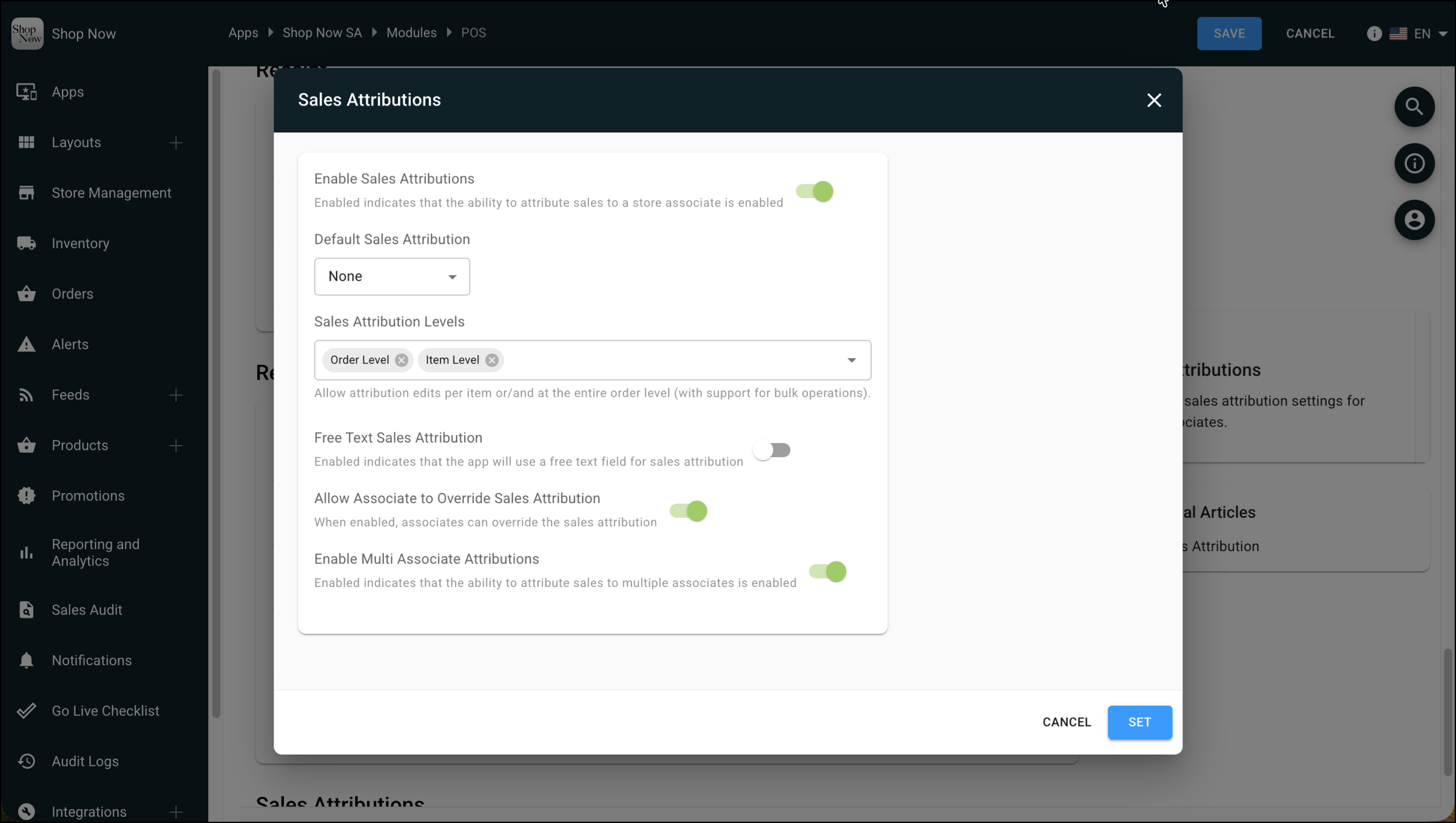 Sales attribution settings in CMS.
