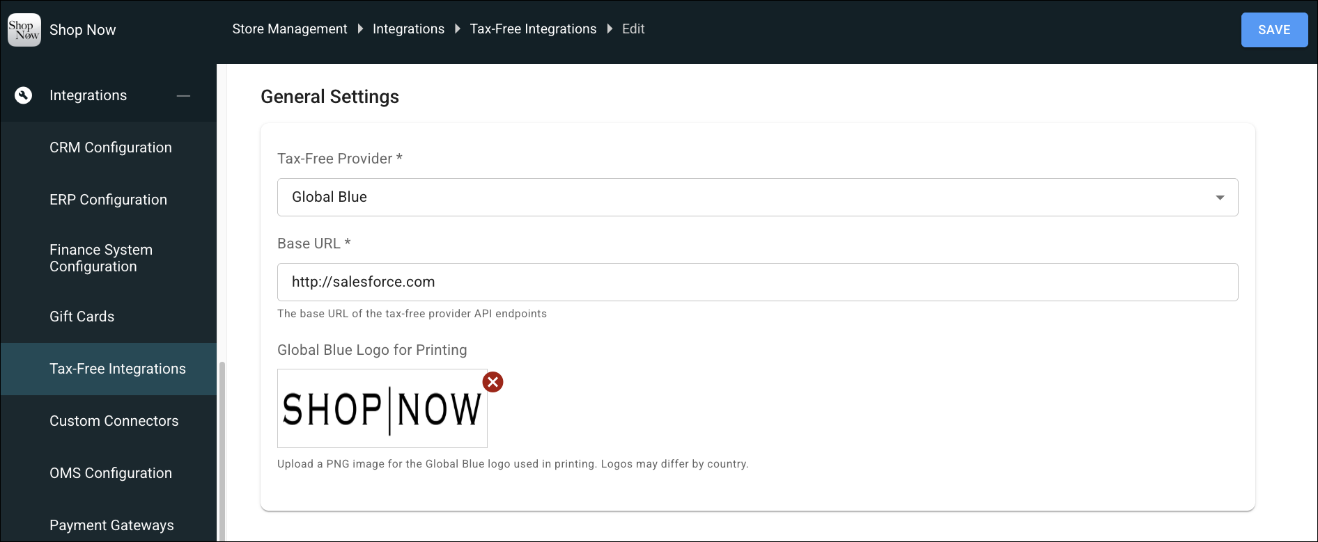 Global Blue Integration Screen in Point of Sale CMS