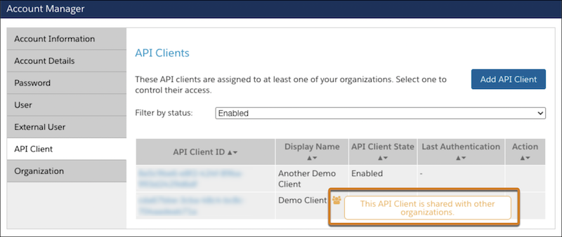 API Clients page in Account Manager showing a shared API Client