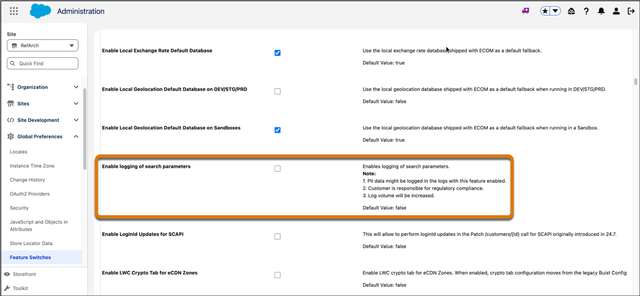 Image showing the search parameter feature switch