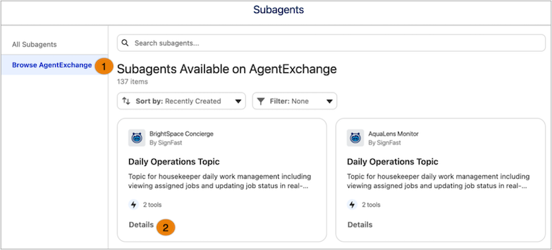 Screenshot of the Agentforce asset library page showing the subagents available on AgentExchange