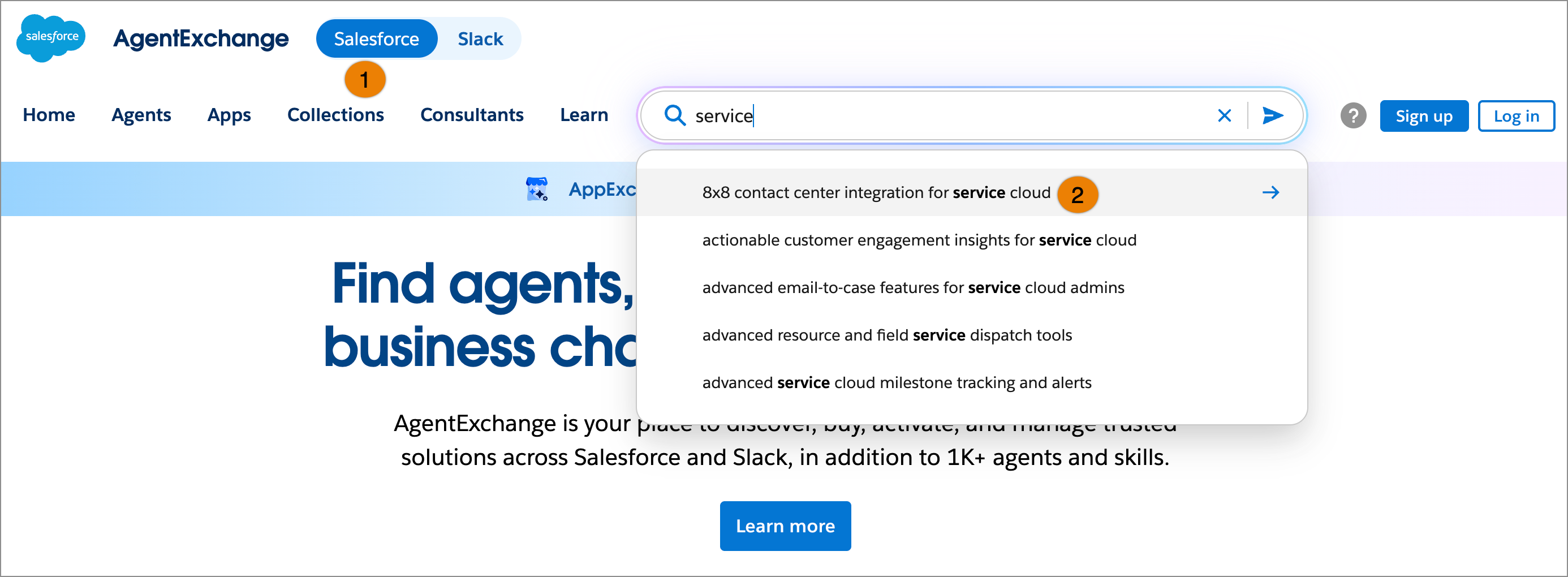 Dynamic query suggestions in the AgentExchange search dropdown showing relevant options as users type