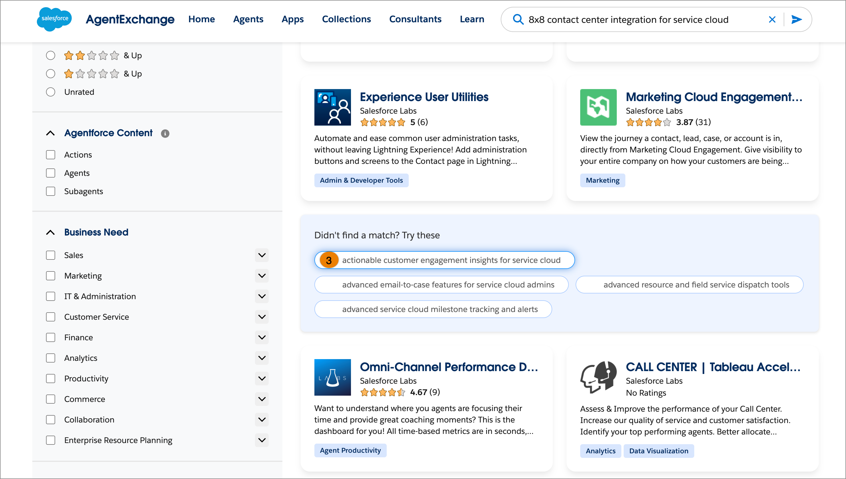 The AgentExchange search results page displaying inline query suggestion