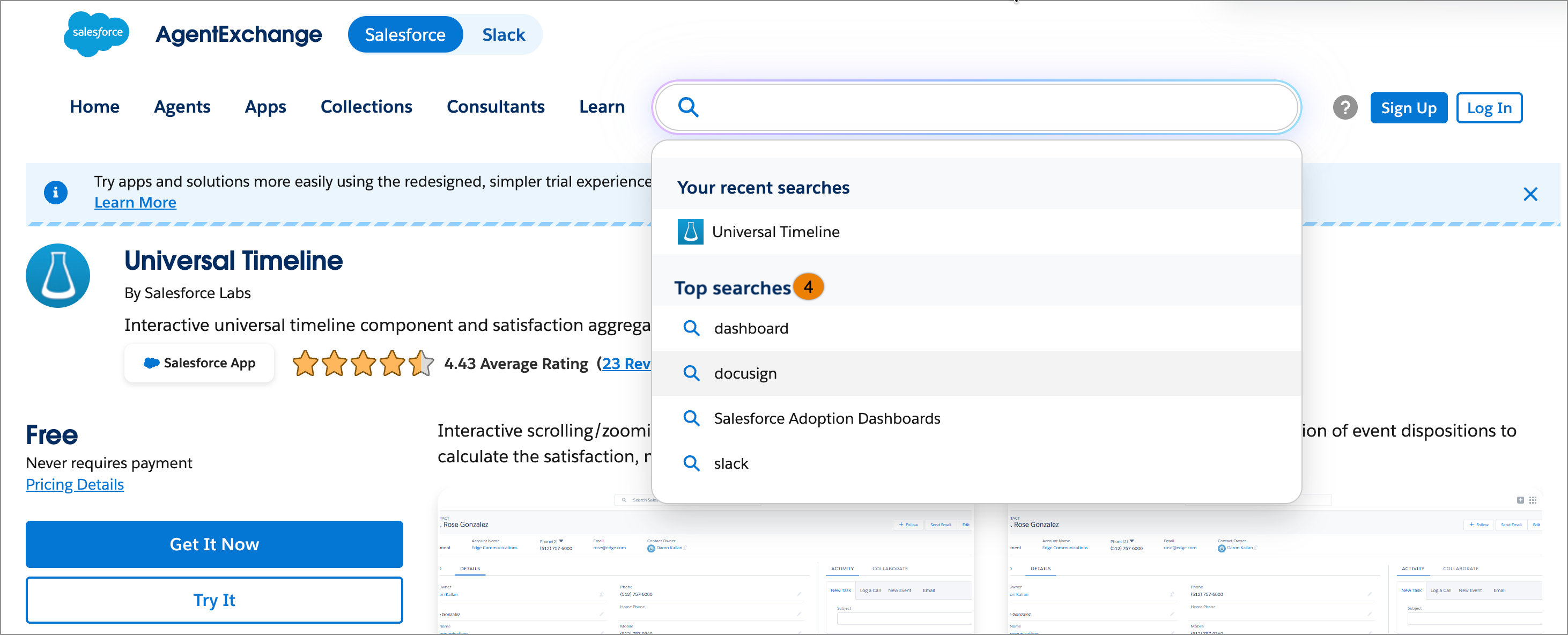 The AgentExchange search dropdown displaying recent search history and top searches