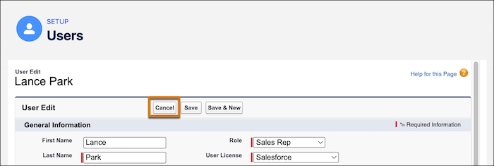 A user record with the cancel button highlighted.