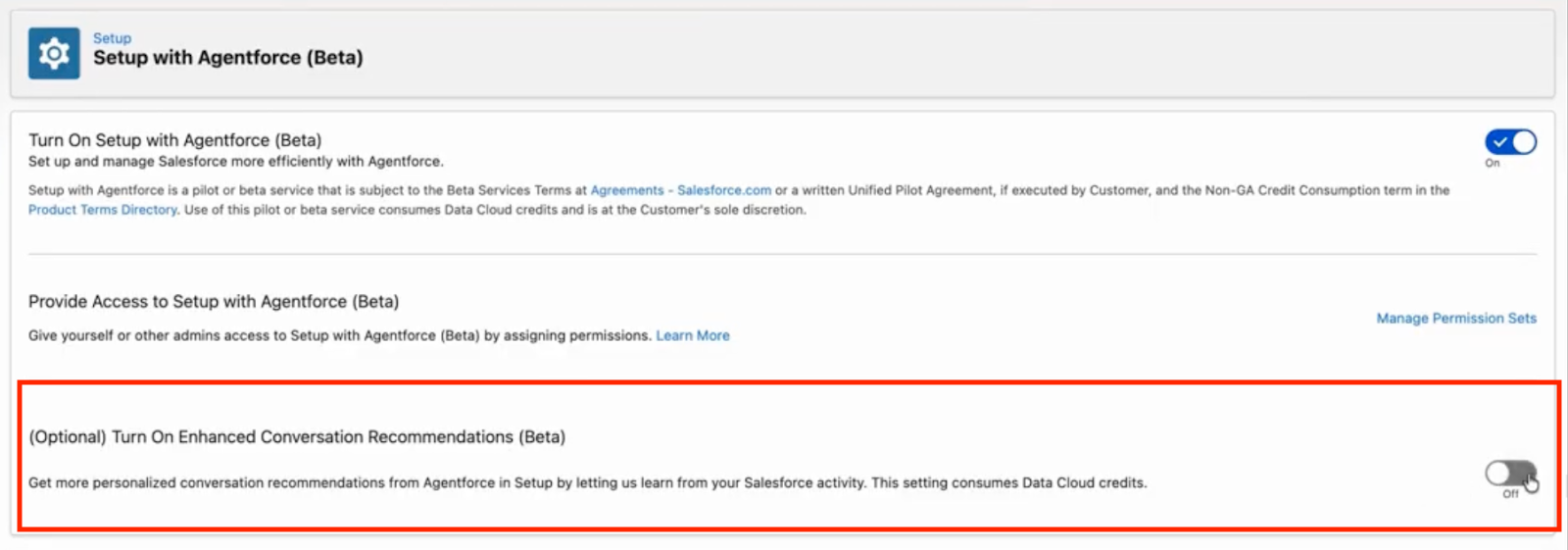 A screenshot of the Setup with Agentforce (Beta) configuration page with a highlight on the Enhanced Conversation Recommendations setting.