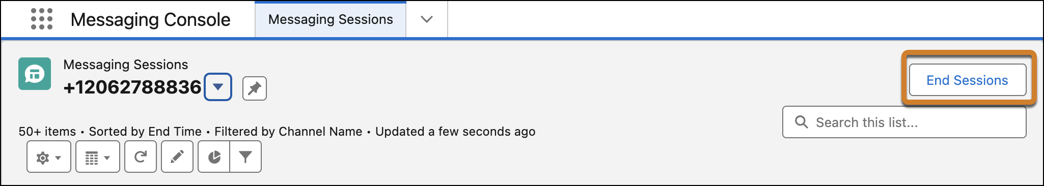 A messaging sessions list view with the End Sessions button highlighted.