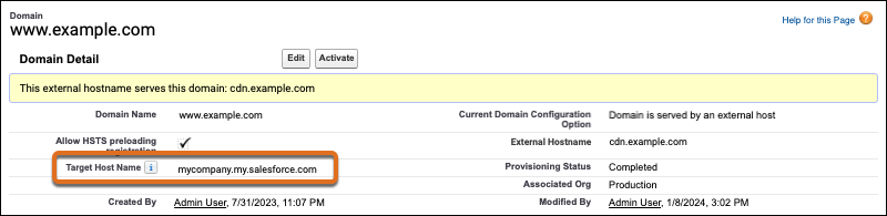 The Target Host Name field on the Domain Details page.